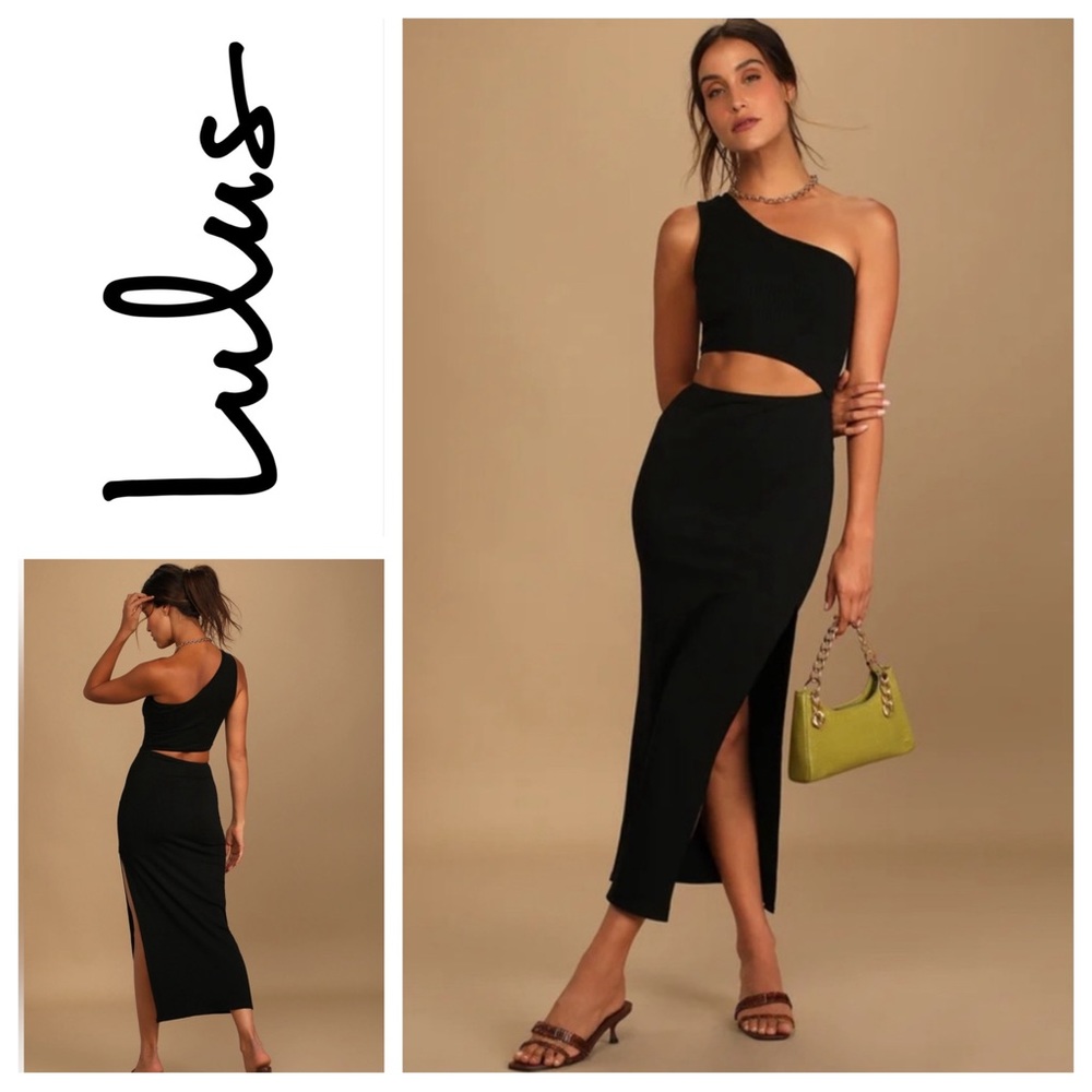 Spice Things Up Black Ribbed One-Shoulder Cutout Midi Dress Sz: XS